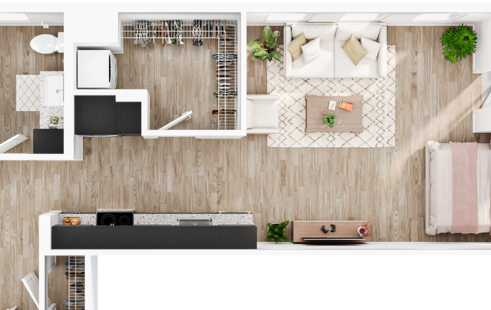 The Abbi - Studio floorplan layout with 1 bath and 708 square feet. (3D)