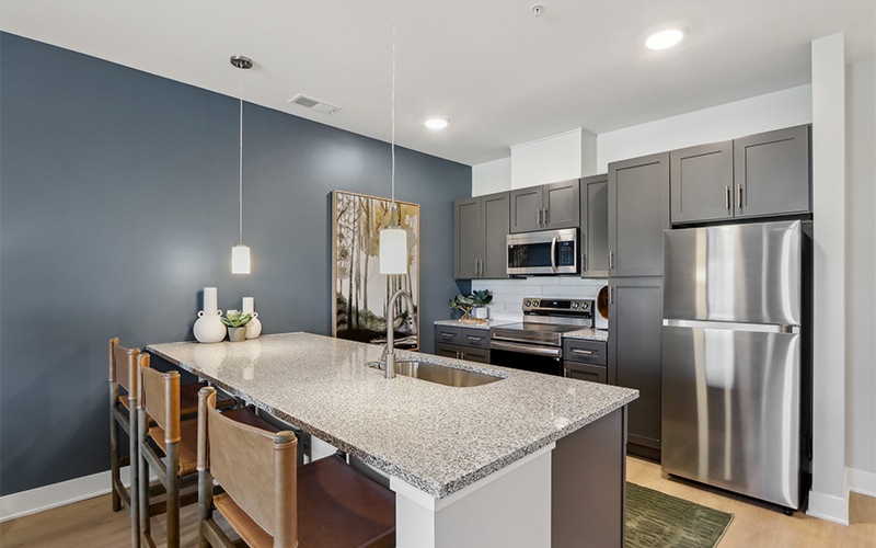 a kitchen with dark cabinets and stainless steel appliances