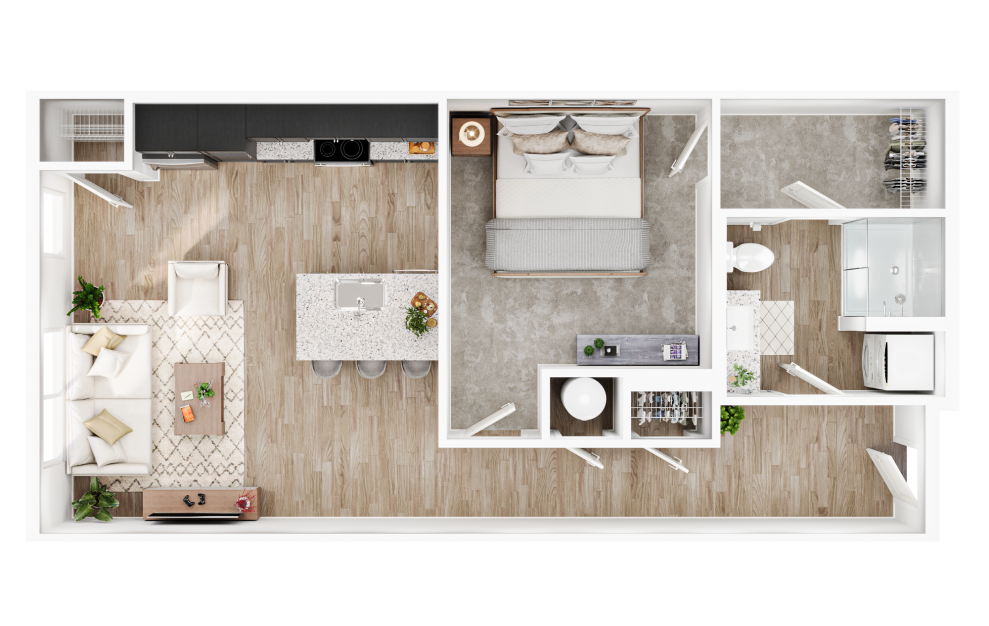 The Clarissa - 1 bedroom floorplan layout with 1 bath and 734 square feet.