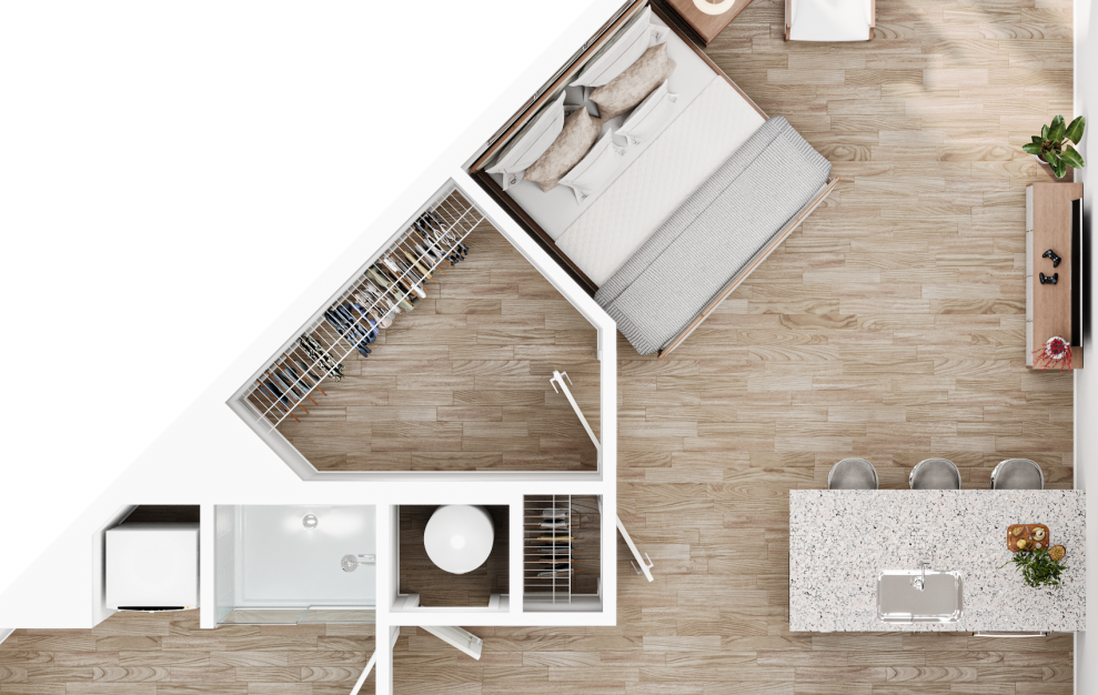 The Kate - Studio floorplan layout with 1 bath and 603 square feet.