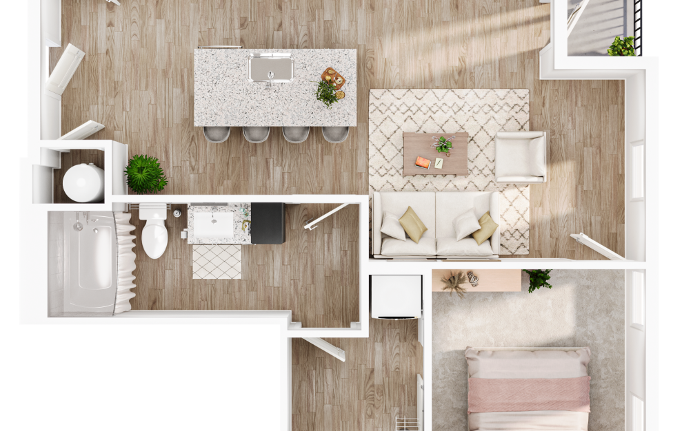 The Longs - 1 bedroom floorplan layout with 1 bath and 724 square feet. (3D)